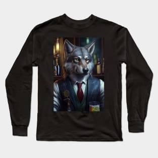 Wild And Classy Barkeeper Wolf In A Suit - Unique Wildlife Art Print For Fashion Lovers Long Sleeve T-Shirt